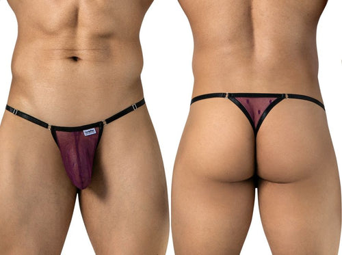 Front and rear views of a men's wine mesh thong with thin black adjustable waist straps.