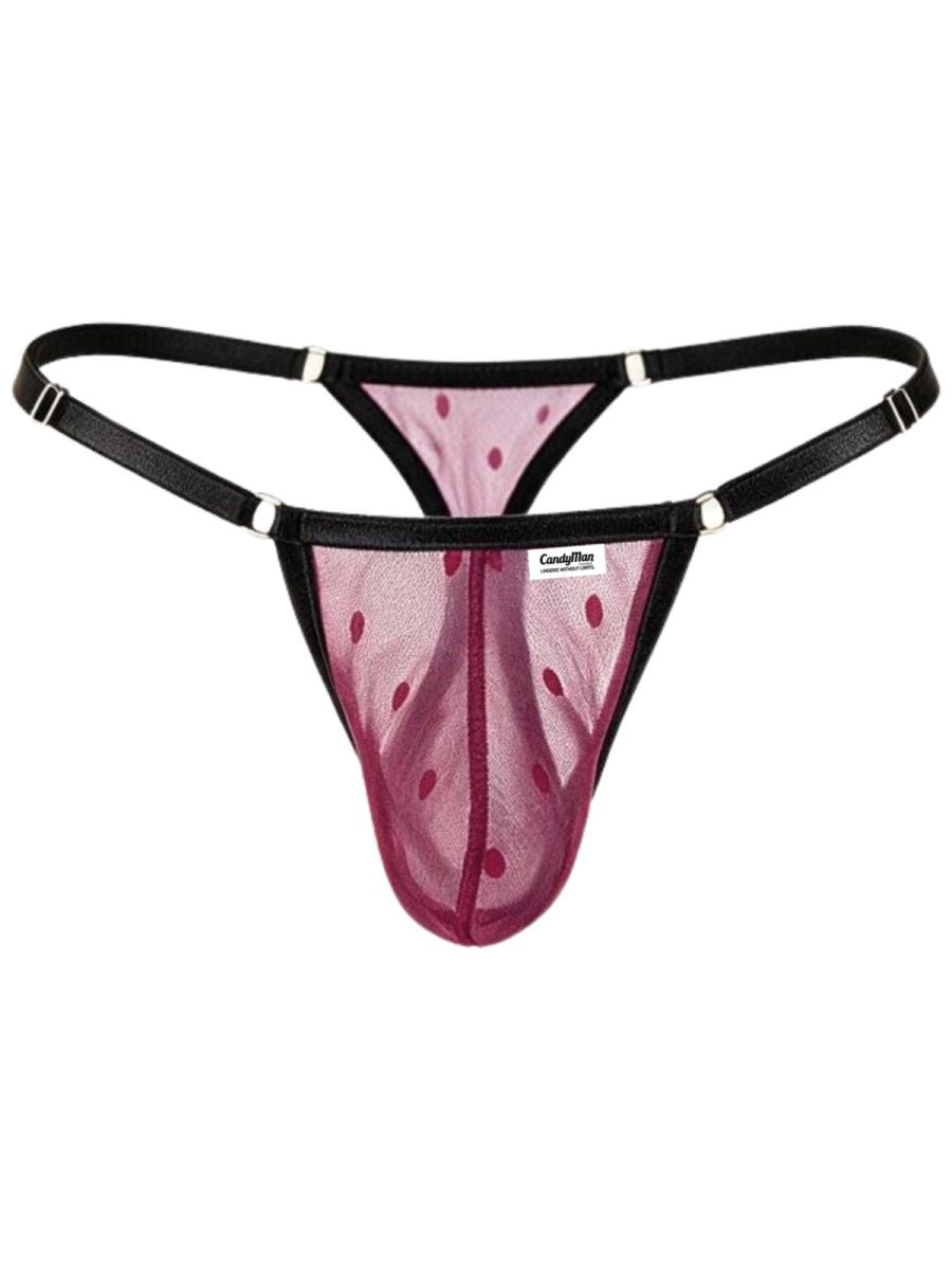 Front product view of a CandyMan wine polka-dot mesh thong with black trim and adjustable side straps.