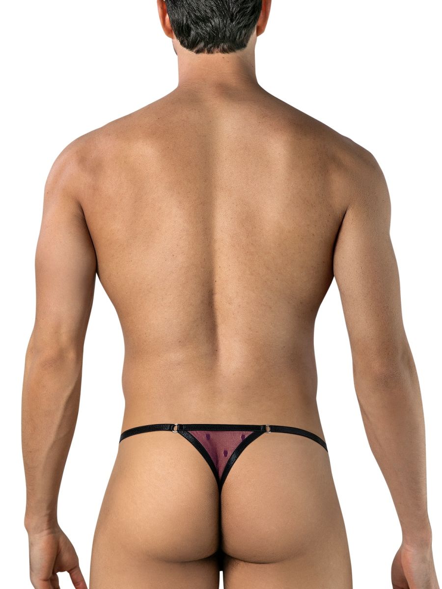 Rear view of CandyMan wine mesh thong with thin black waistband on male model.