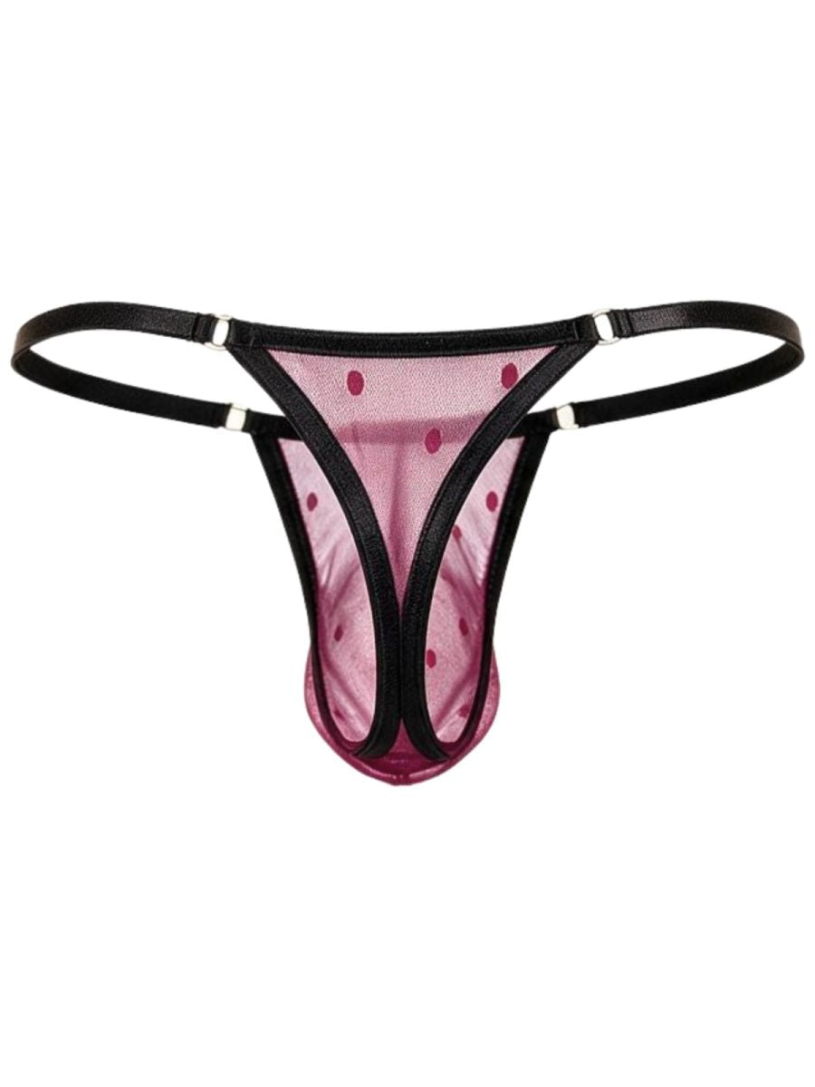 Rear product view of a wine polka-dot mesh thong with a triangular back panel and black trim.