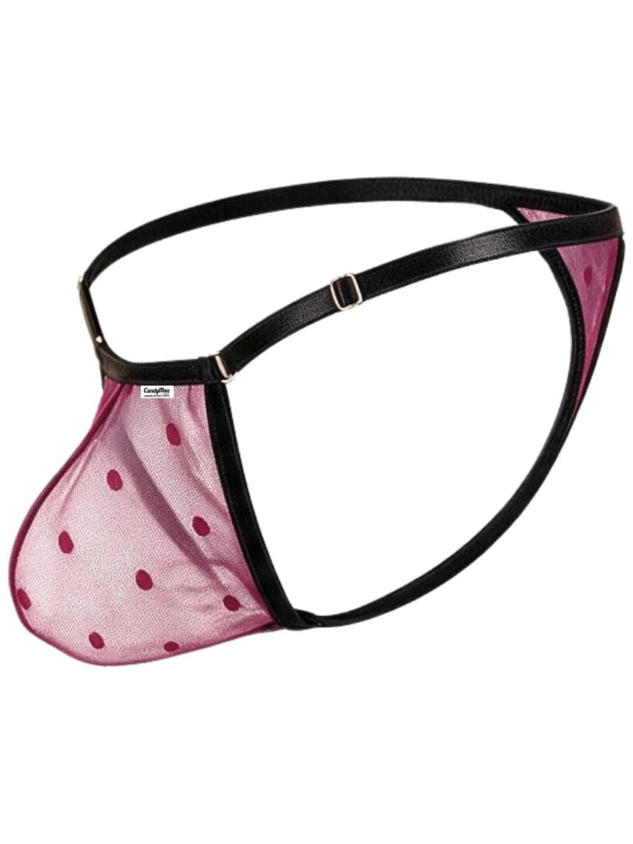Angled product view of a CandyMan wine polka-dot mesh thong with black adjustable straps.