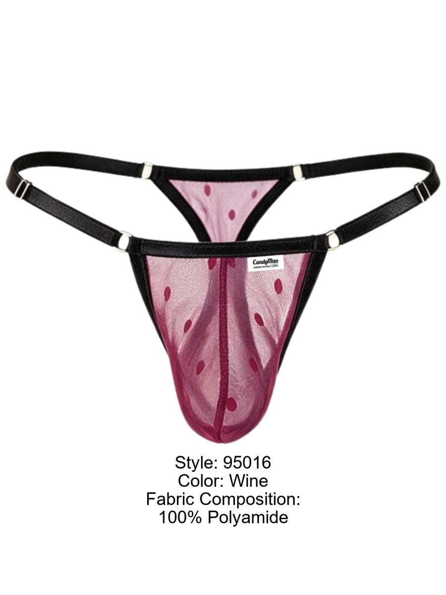 CandyMan 95016 wine mesh thong with a label listing 100% polyamide fabric.