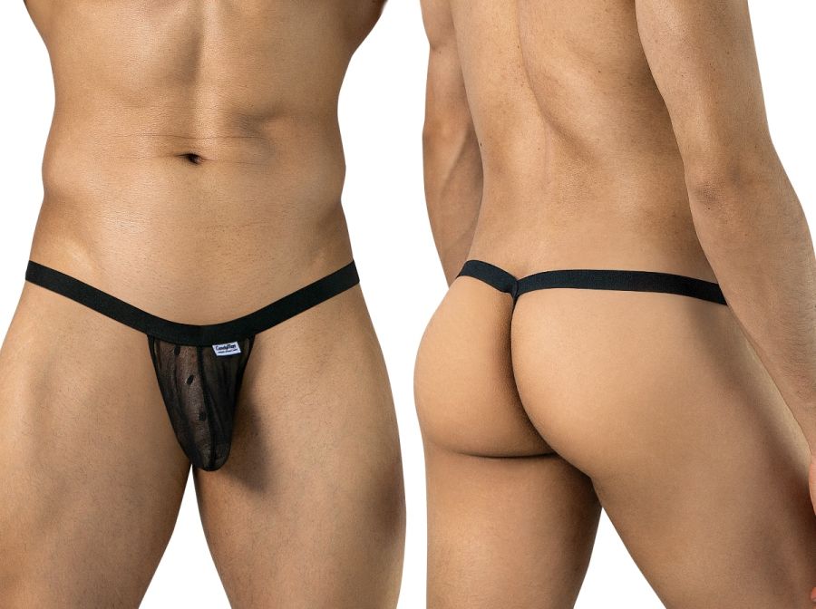 Black CandyMan mesh thong shown from front and back on a model.