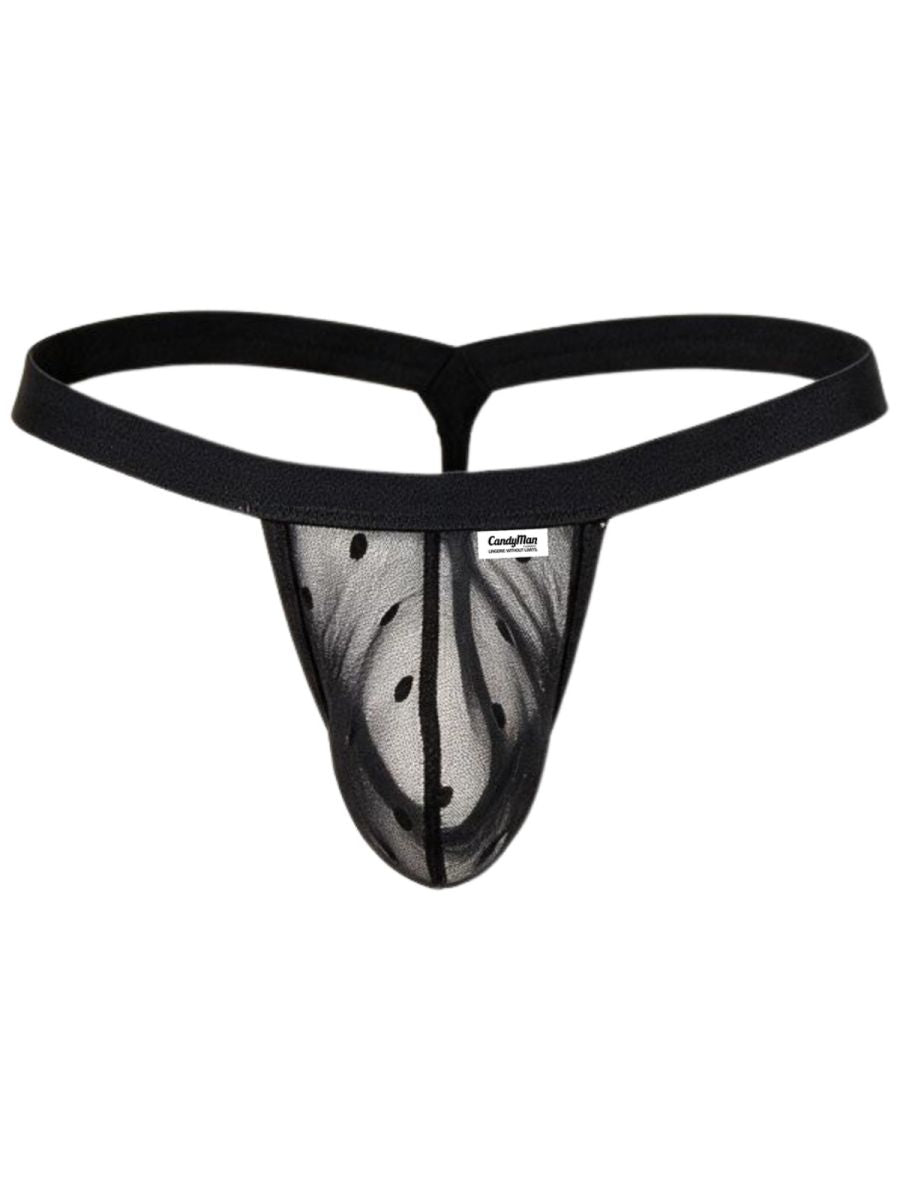 Front product view of a CandyMan black polka-dot mesh thong with a black waistband.