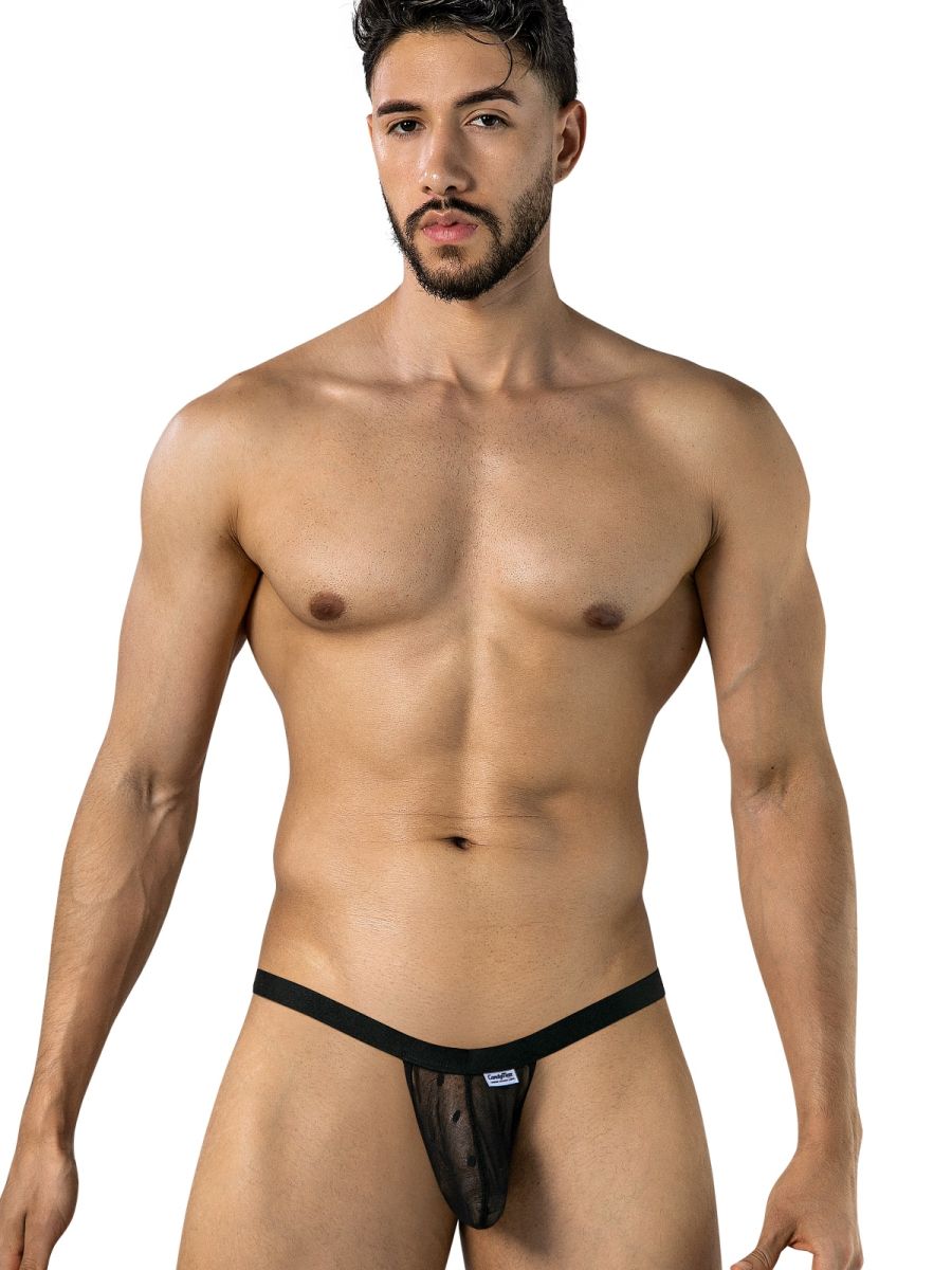 Black CandyMan mesh thong underwear on male model, front view.