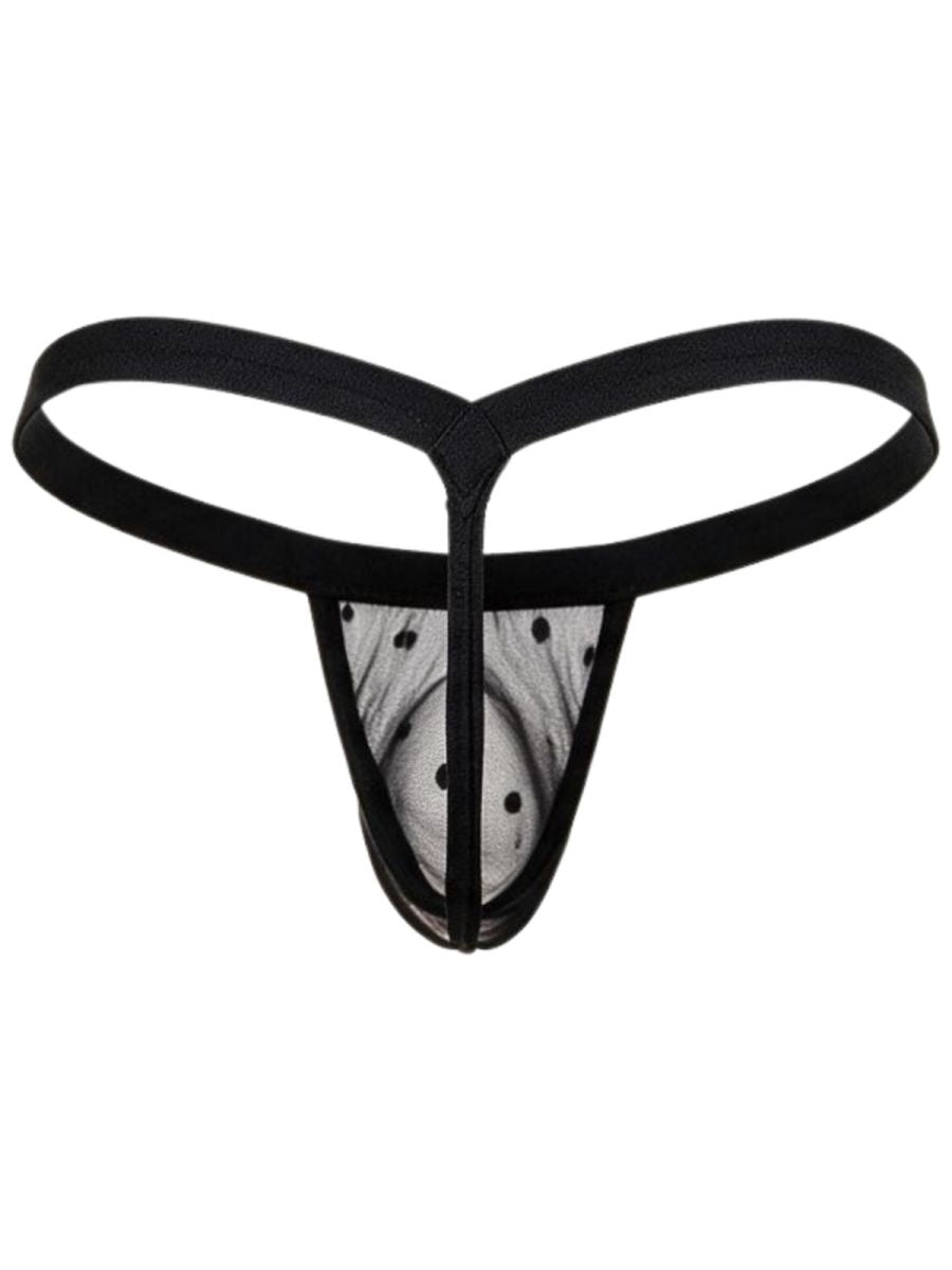 Rear product view of a black polka-dot mesh thong with a narrow back strap and black waistband.