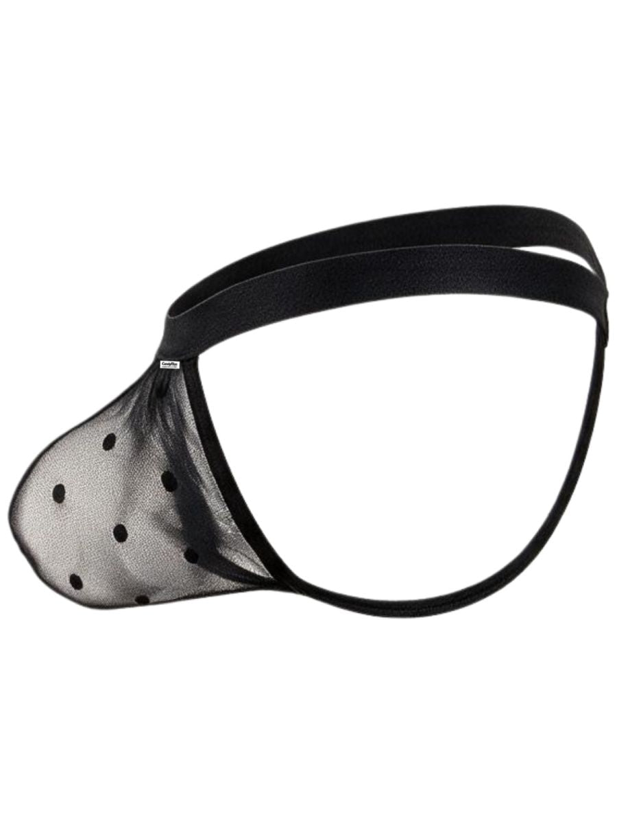 Side product view of a CandyMan black polka-dot mesh thong with a black waistband.