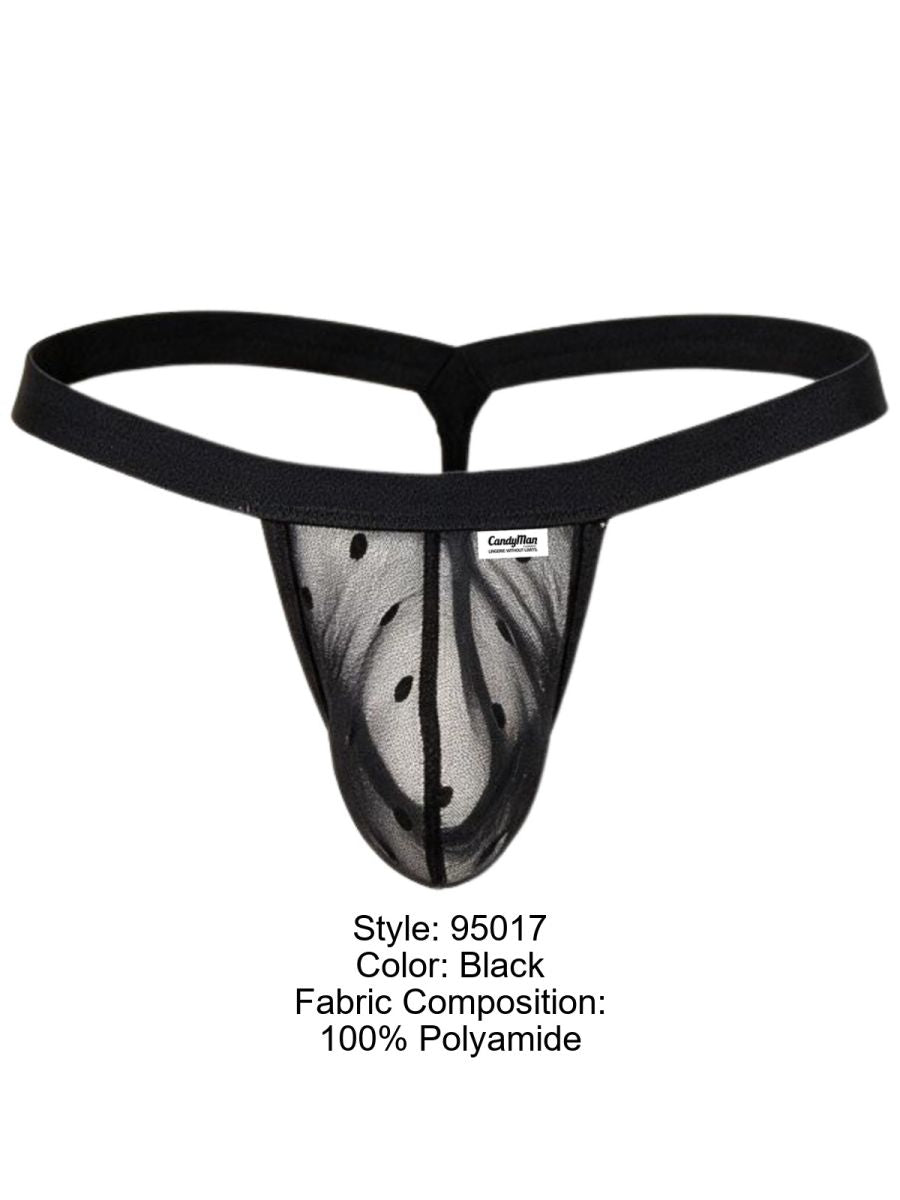 CandyMan 95017 black mesh thong with a label listing 100% polyamide fabric.