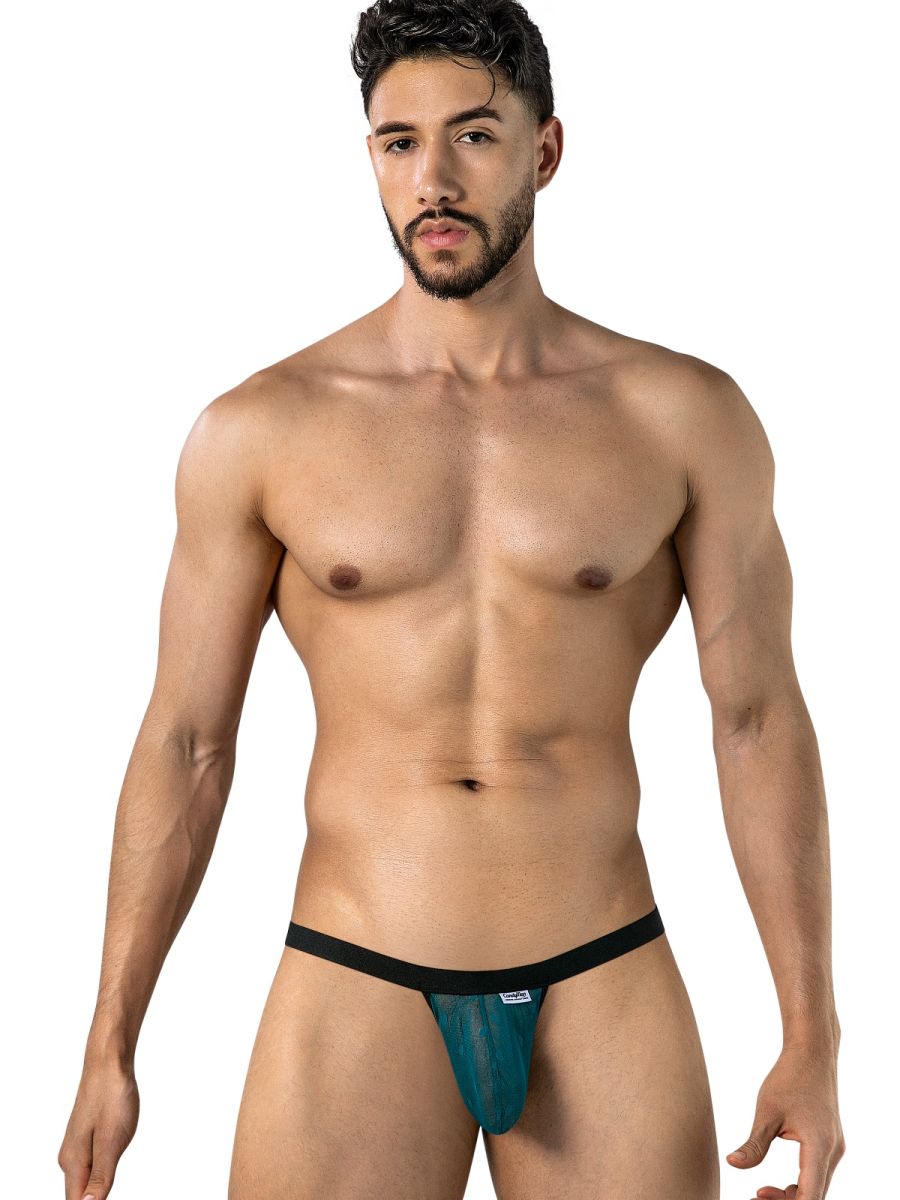 Man wearing CandyMan emerald mesh thong with black waistband