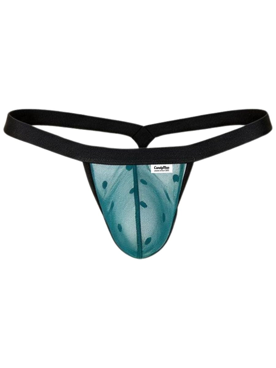 Emerald green mesh thong with black waistband and CandyMan tag.