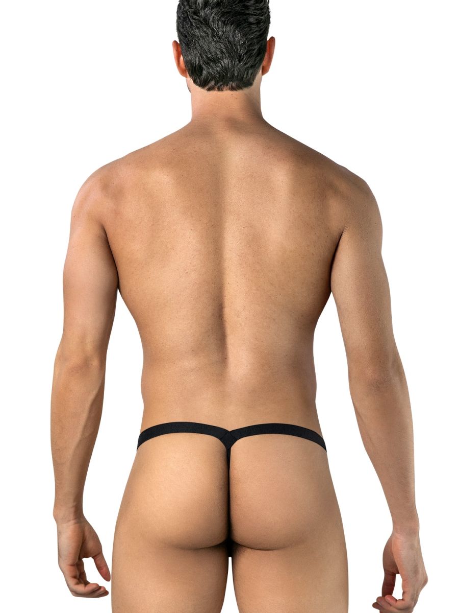 Rear view of CandyMan thong underwear on a model, showing the black waistband and narrow back strap.