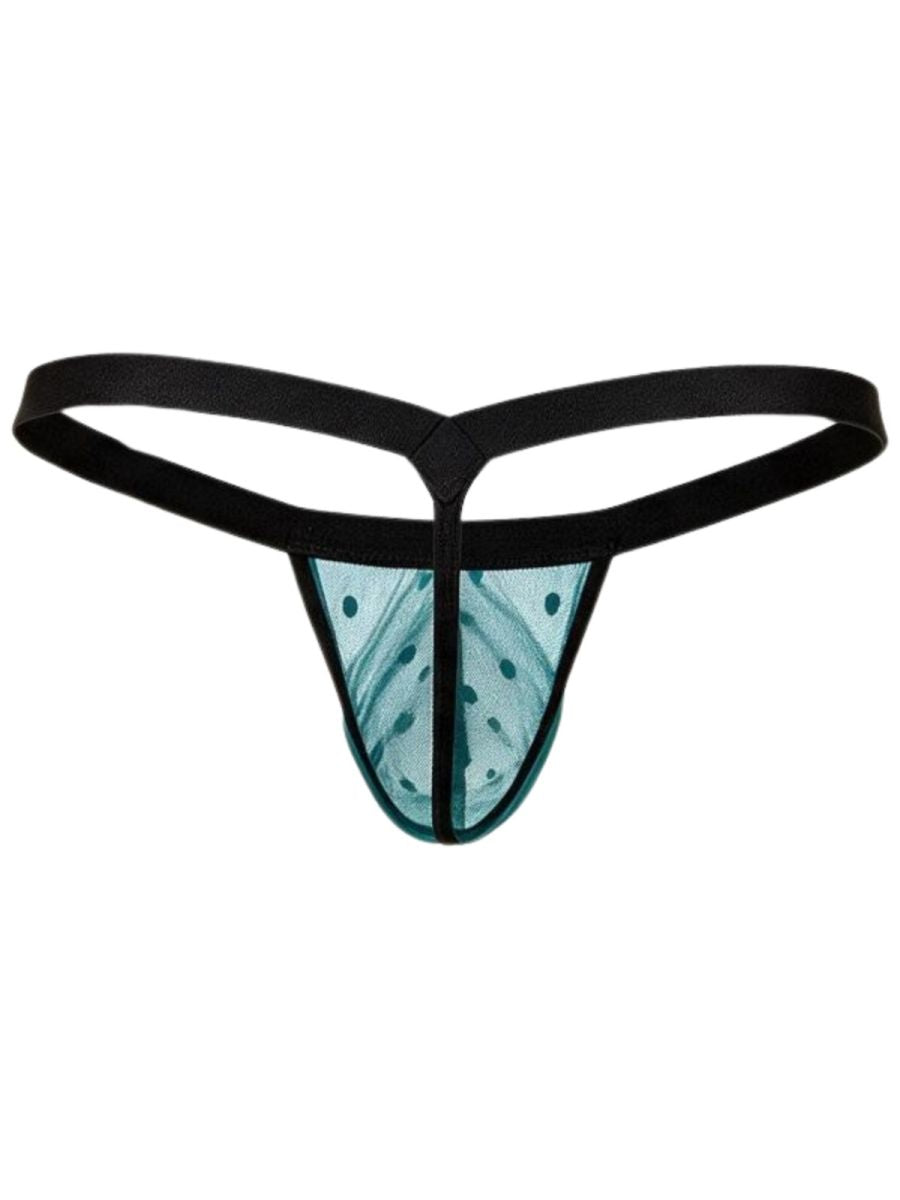 CandyMan emerald green mesh thong with black waistband and string back.