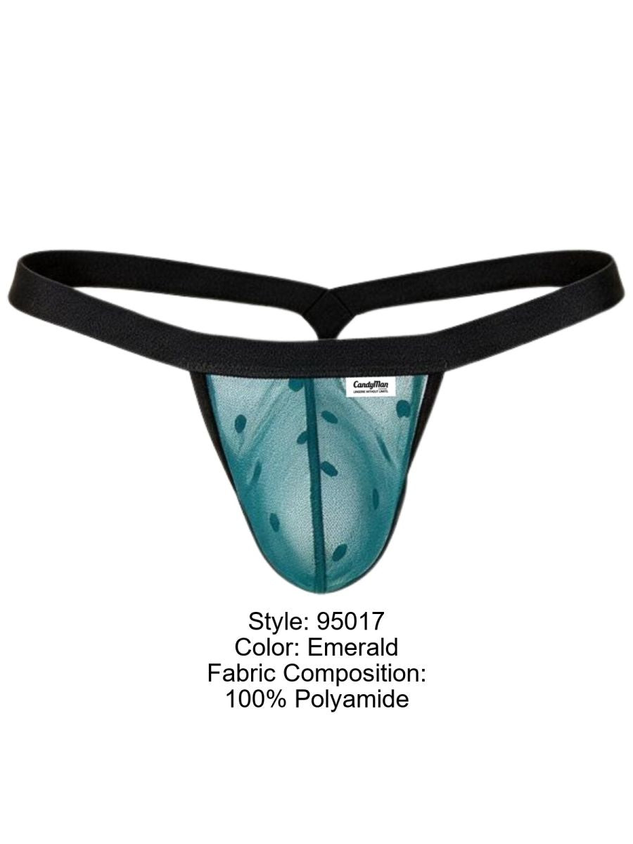 CandyMan 95017 emerald mesh thong with black waistband; label states 100% polyamide.