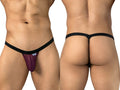 CandyMan 95017 wine mesh thong shown from front and back on a model.