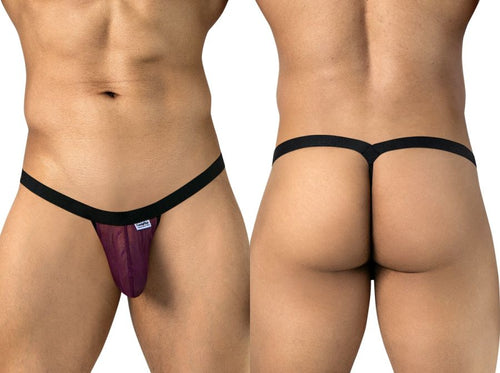 CandyMan 95017 wine mesh thong shown from front and back on a model.
