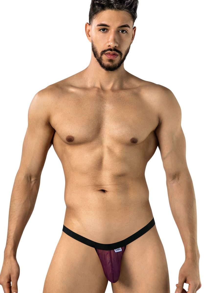 Man wearing wine mesh thong with black waistband on white background