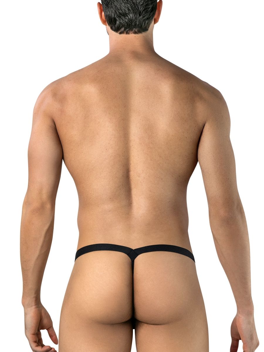 Rear view of CandyMan thong underwear on a model, showing the black waistband and narrow back strap.
