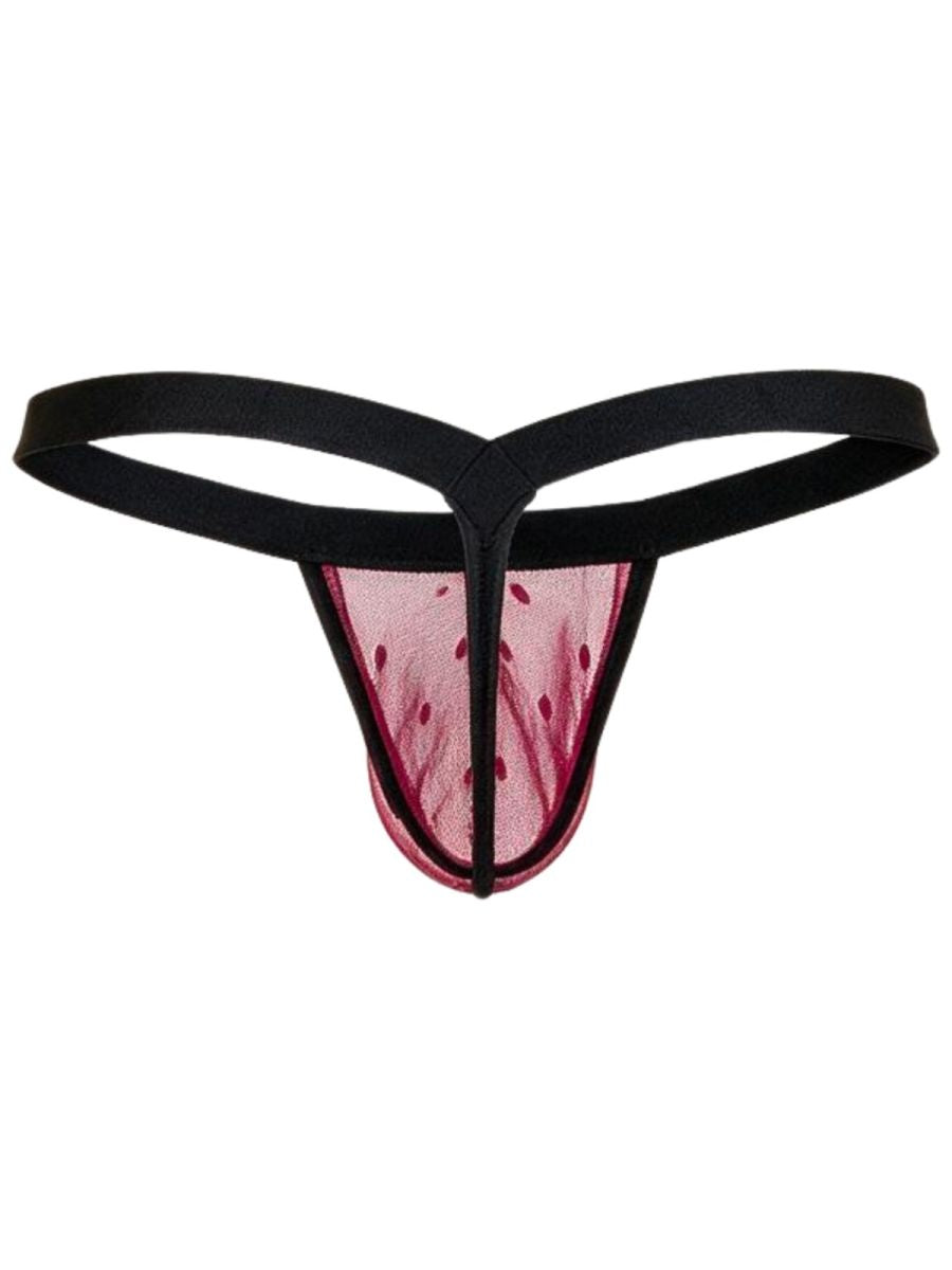 Rear view of CandyMan wine mesh thong underwear with a black waistband and narrow back strap.
