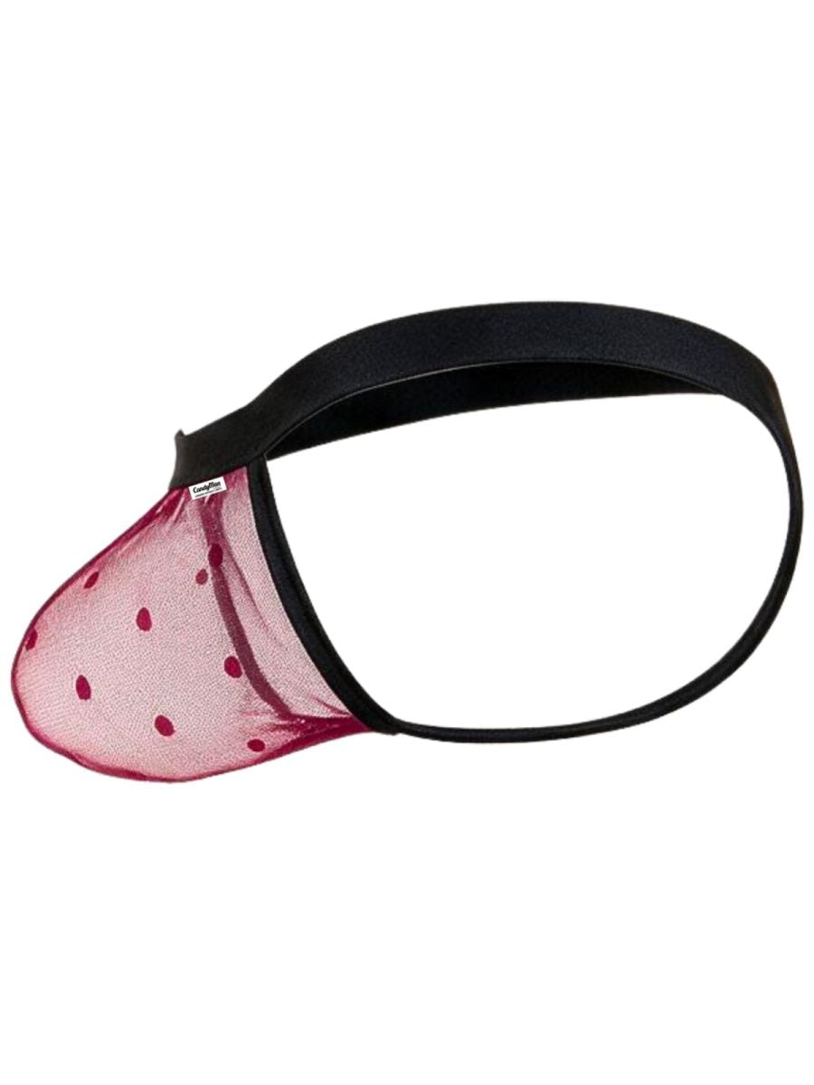 Side view of CandyMan wine dotted mesh thong underwear with a black waistband.