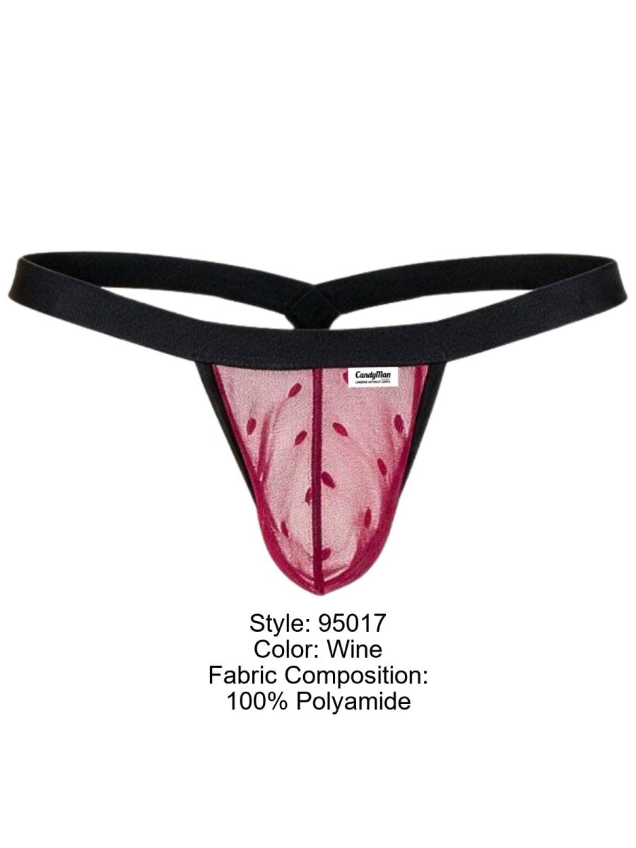 CandyMan 95017 wine mesh thong with black waistband; label states 100% polyamide.