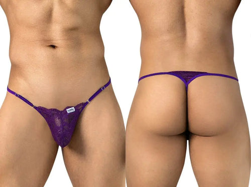Two-panel a person wearing purple lace underwear, front and back views.