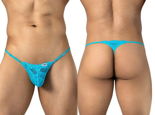 Two views of a person wearing a bright blue patterned thong.