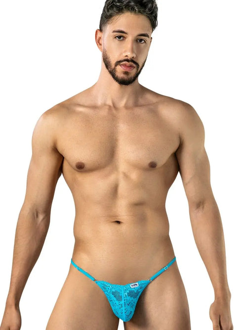 Turquoise lace pouch underwear with narrow side straps, shown from the front on a model.
