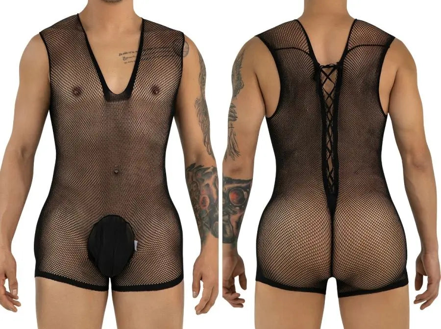 CandyMan 99956 Men's Underwear Sheer Textured Mesh Lace-Up Bodysuit Color Black