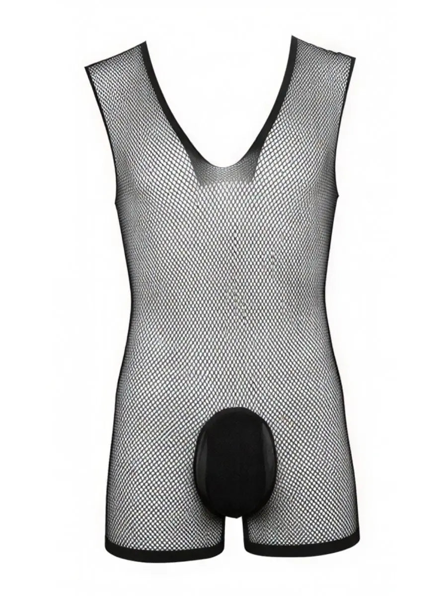 CandyMan 99956 Men's Underwear Sheer Textured Mesh Lace-Up Bodysuit Color Black