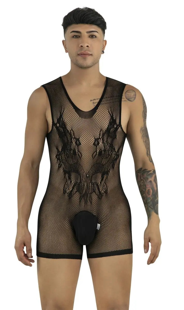 CandyMan 99958 Men's Underwear Sheer Patterned Bodysuit Color Black