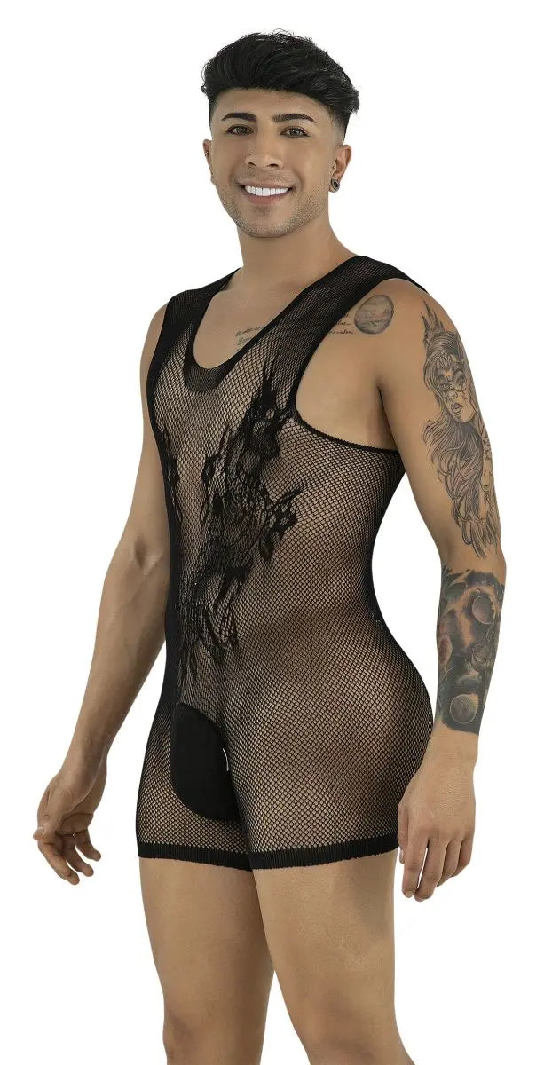 CandyMan 99958 Men's Underwear Sheer Patterned Bodysuit Color Black