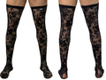 Front and rear views of black floral lace thigh-high stockings with black top bands