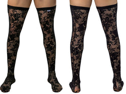 Front and rear views of black floral lace thigh-high stockings with black top bands