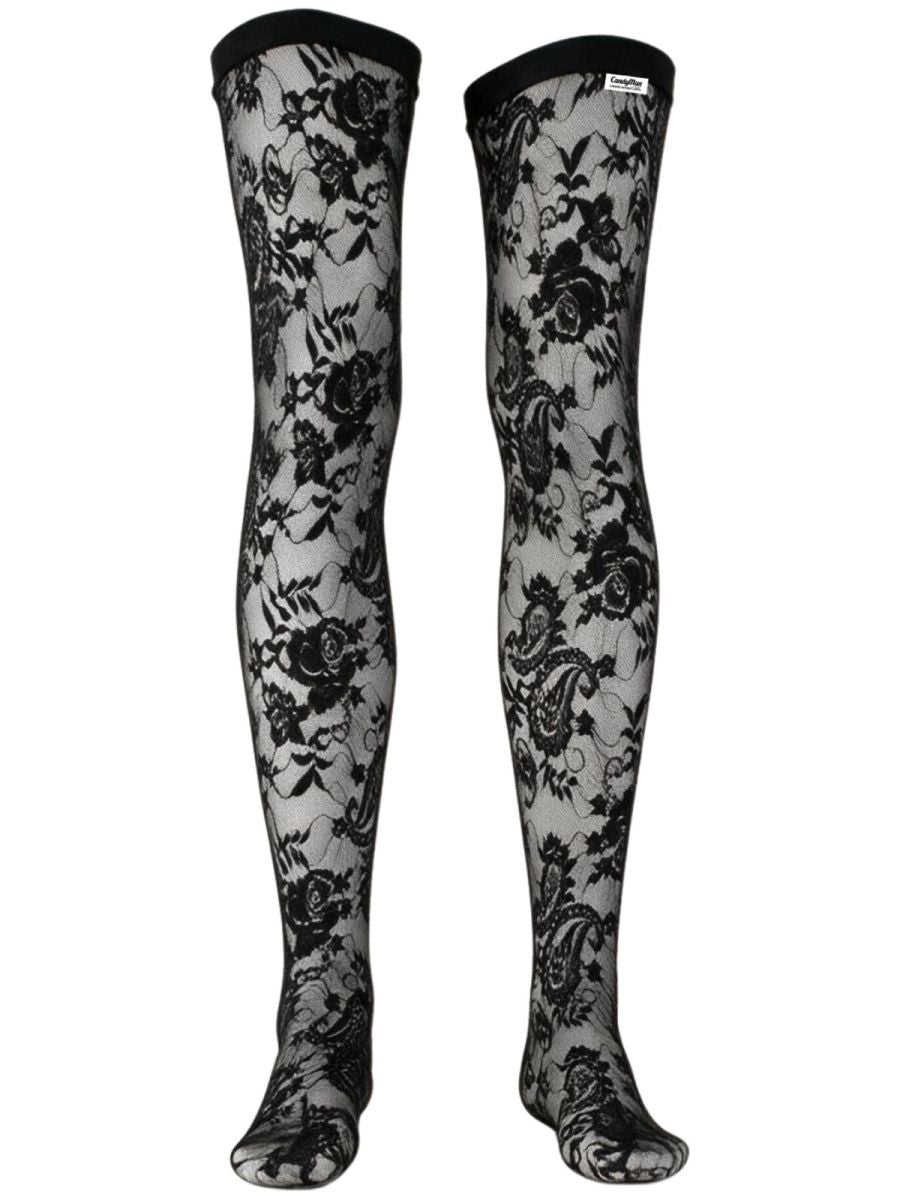 Front product view of black floral lace thigh-high stockings with black top bands