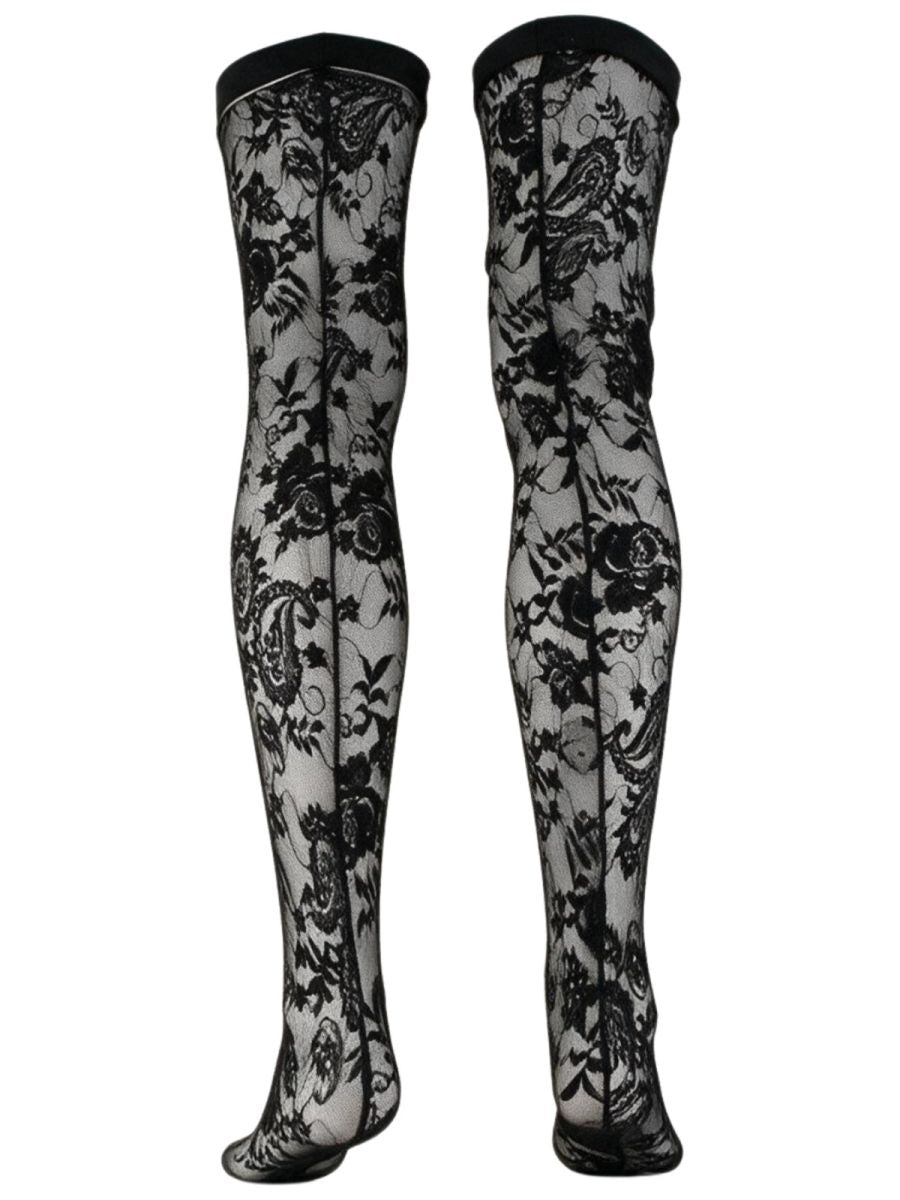 Rear product view of black floral lace thigh-high stockings with back seams and black top bands