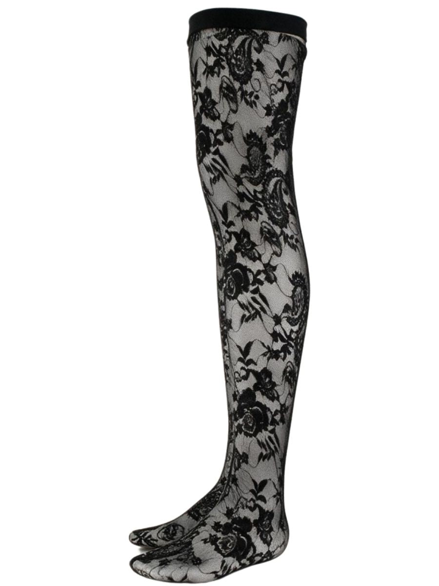 Side product view of black floral lace thigh-high stockings with black top bands