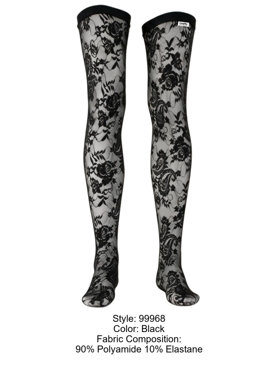 CandyMan 99968 black lace thigh-high stockings with a label listing 90% polyamide and 10% elastane