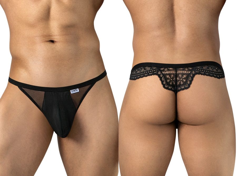 Black CandyMan mesh and lace men's thong shown from front and back.