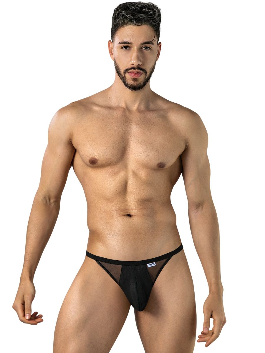 Black CandyMan mesh thong underwear on male model, front view.