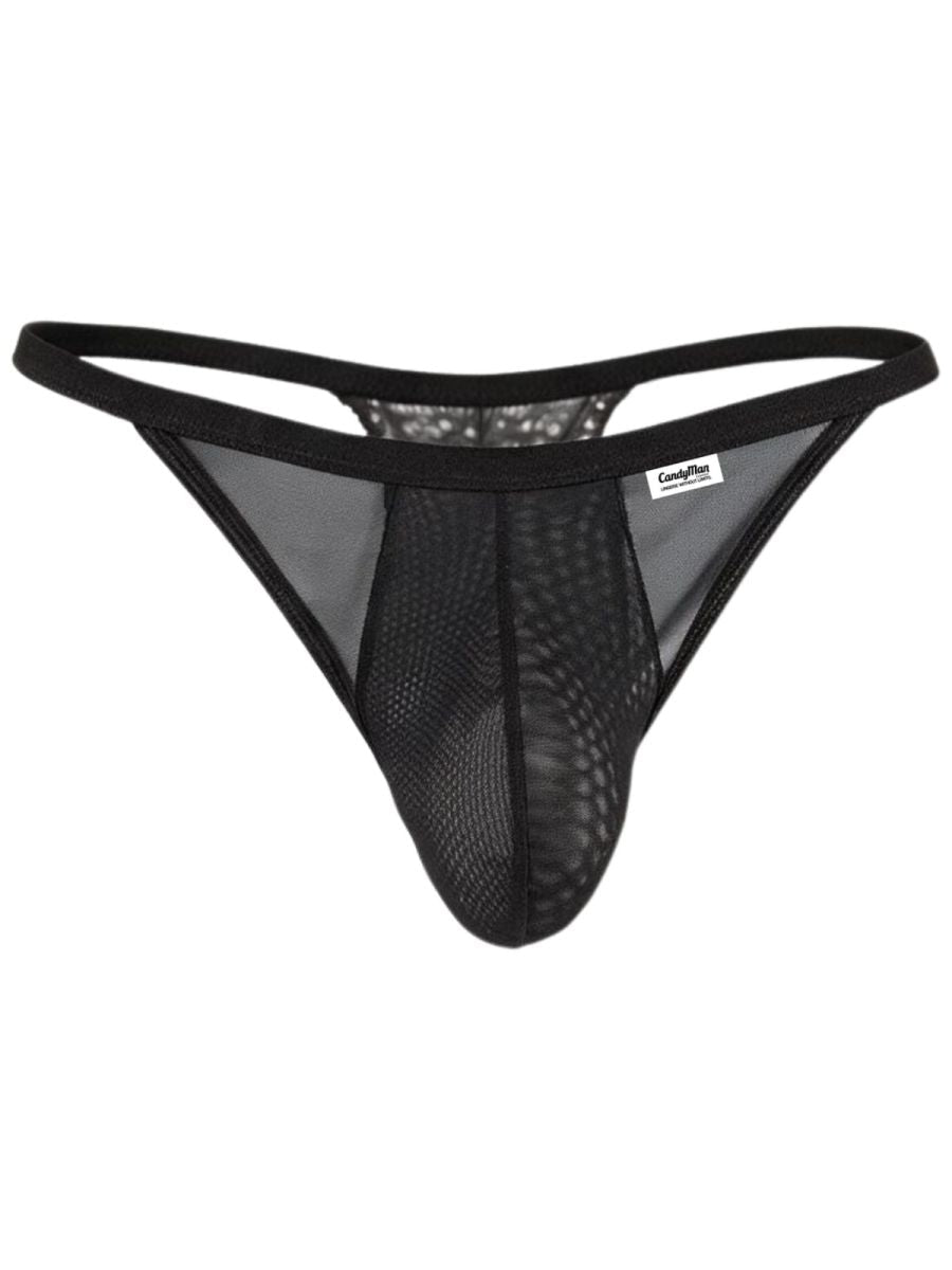 Black CandyMan mesh thong with sheer front panel and contoured pouch.