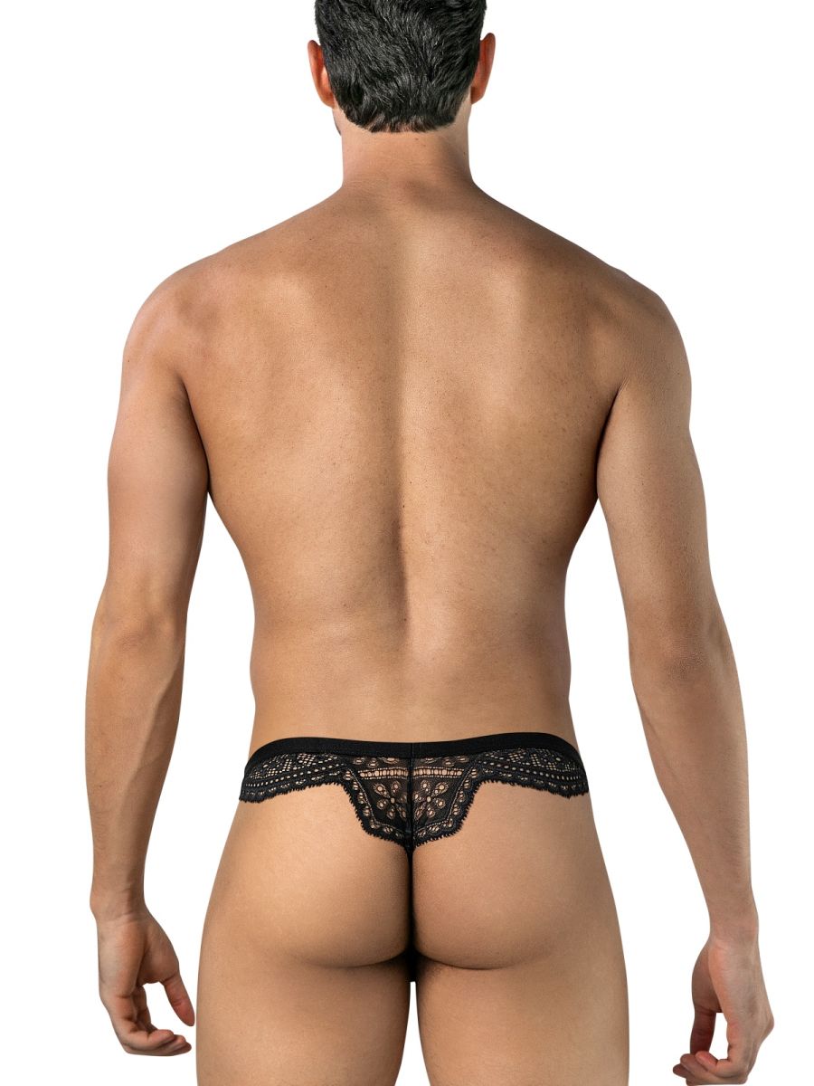 Rear view of CandyMan black lace thong on male model.