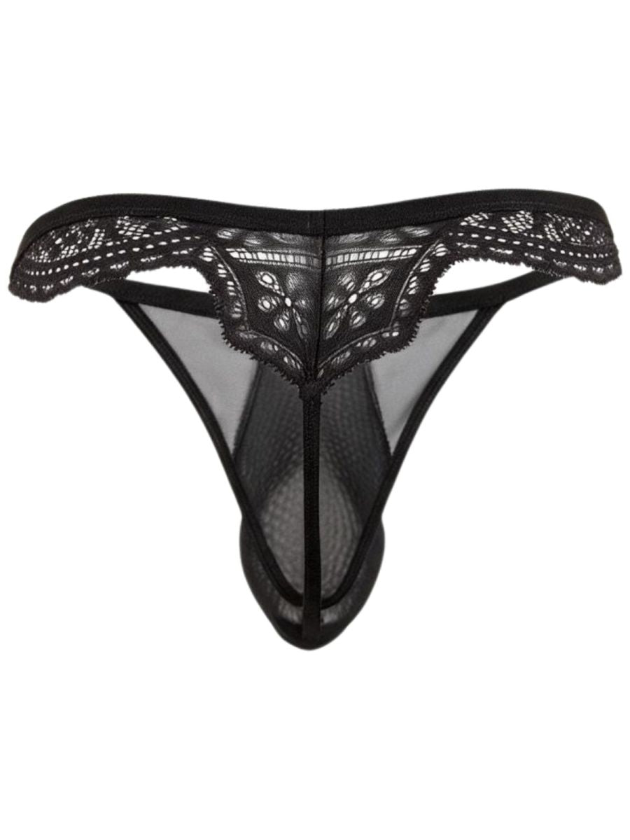 Rear view of a black CandyMan thong with patterned lace across the waistband and back.
