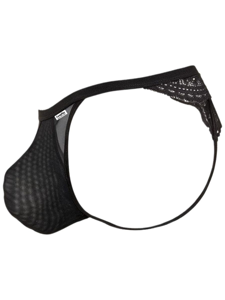 Side view of a black CandyMan thong with a mesh front, lace back and narrow waistband.