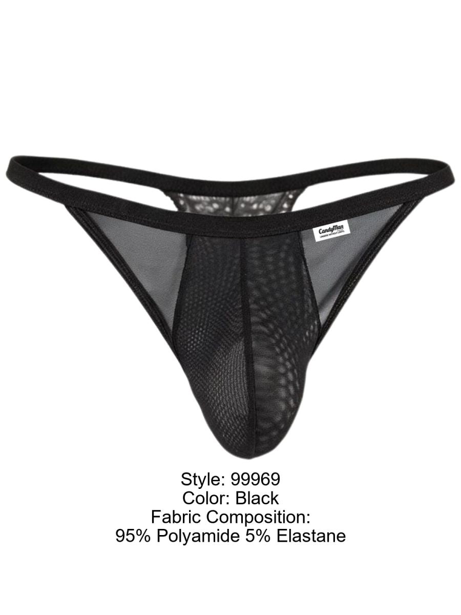 CandyMan 99969 black mesh-and-lace thong; label states 95% polyamide and 5% elastane.