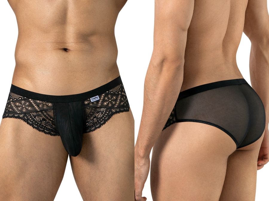 Black CandyMan men's briefs with lace front panels and sheer mesh back, shown front and rear.