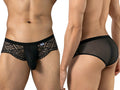 Black CandyMan men's briefs with lace front panels and sheer mesh back, shown front and rear.