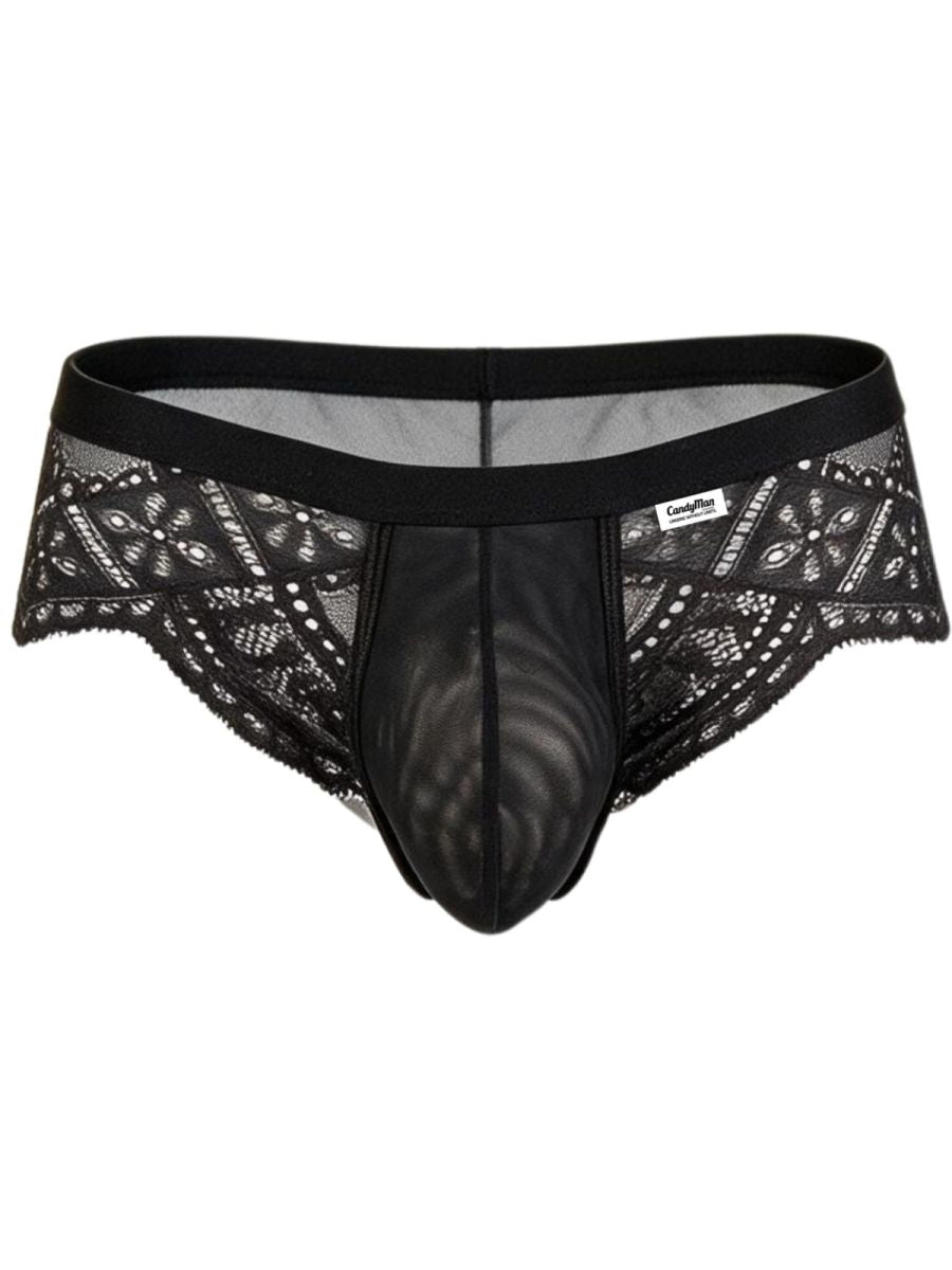 Black CandyMan men's briefs with lace side panels and contoured pouch.