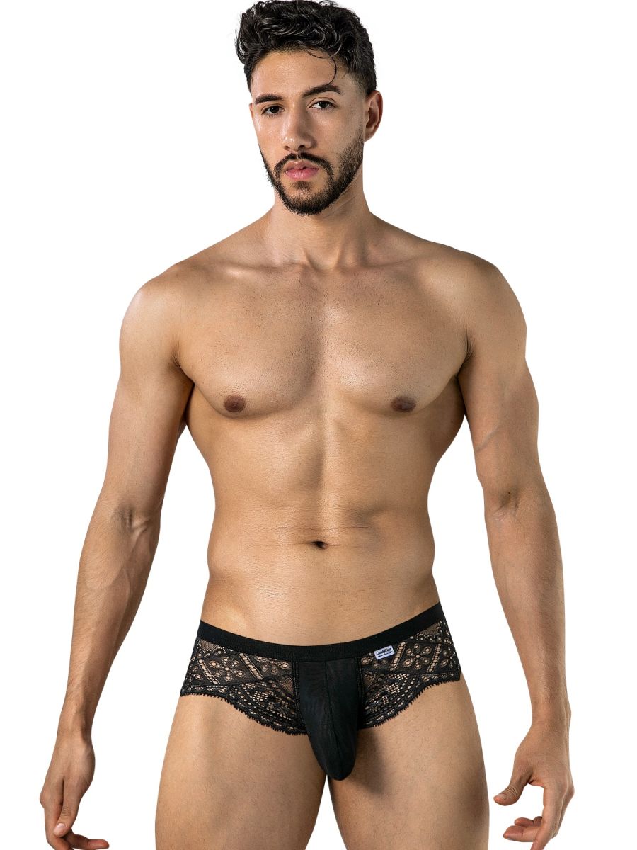 Black CandyMan lace and mesh briefs on a male model.