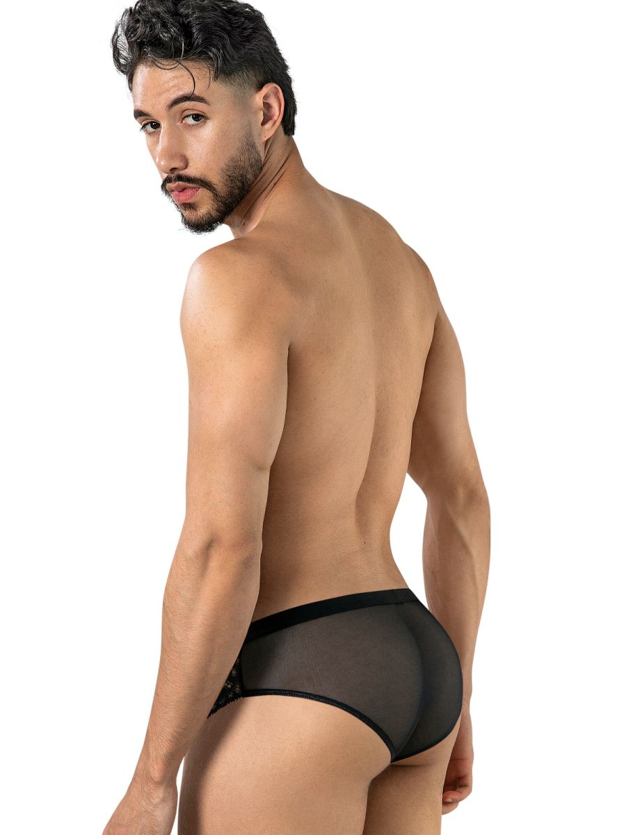 Rear view of a man wearing black CandyMan mesh briefs with lace side panels.