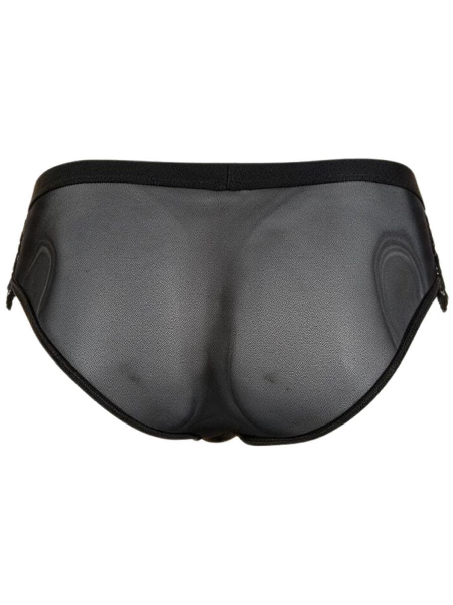 Rear view of black CandyMan briefs with a sheer mesh back and black waistband.